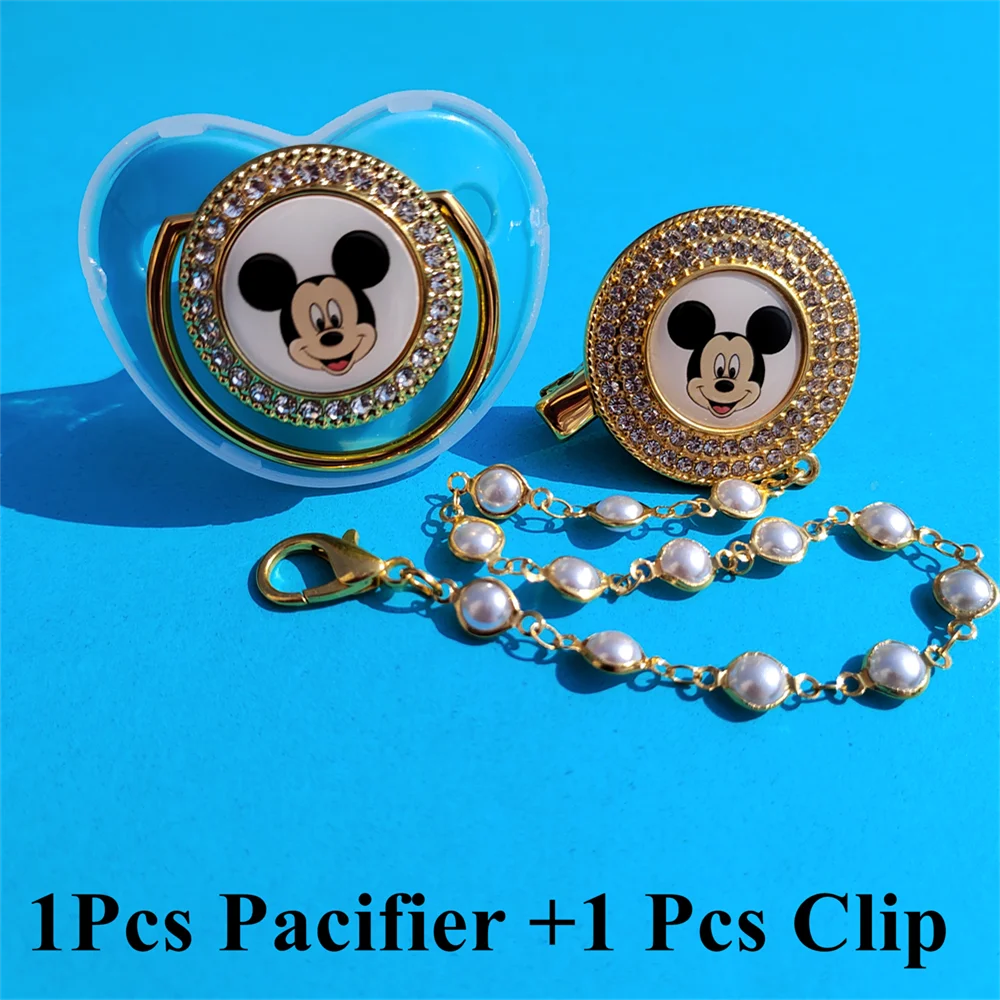 1 Set Mickey Mouse Cute Pearl Beads Bling Baby Pacifier Clips and Luxury Silicone Safe Nipple BPA Free Unique Boys Birthday Gift