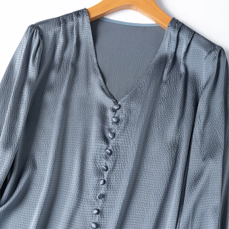 Blusa feminina de seda 93% seda amoreira 7% elastano 19 momme cinza azul manga longa com decote em v pulôver camisa superior senhora do escritório m1449