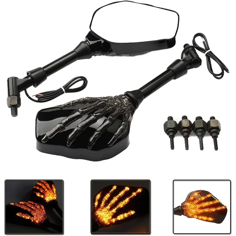 Motorcycle Rearview Mirror Skull Hand Pattern Ghost Claw LED Light Turn Signal Mirror Fit 10Mm 8Mm Thread Bolts Motor Mirror