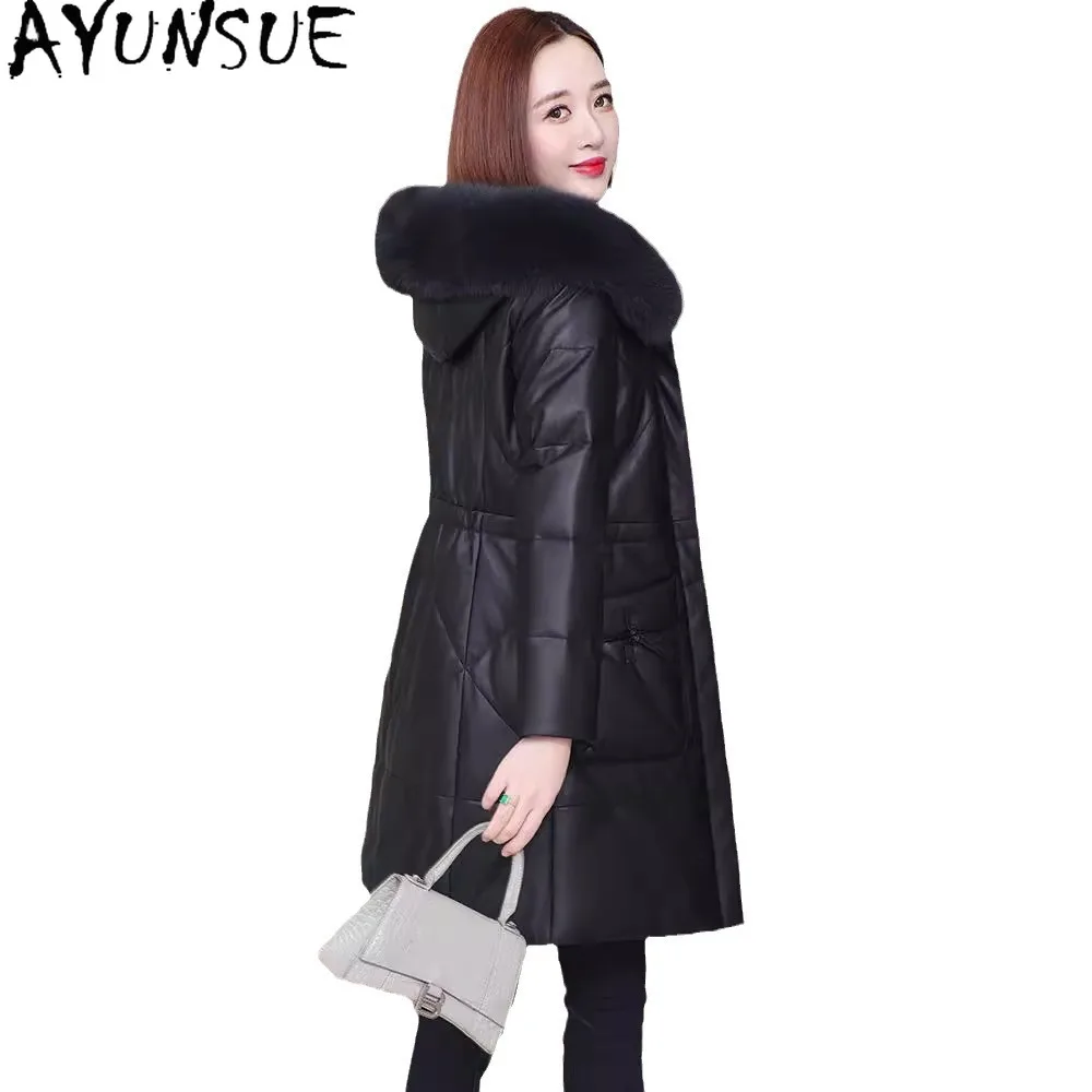 AYUNSUE Echtes Schaffell Echtes Leder Daunenjacke Frauen Winter Kleidung Warme Fuchs Pelz Kragen 2025, Mittellange Weiße Ente Daunenmantel