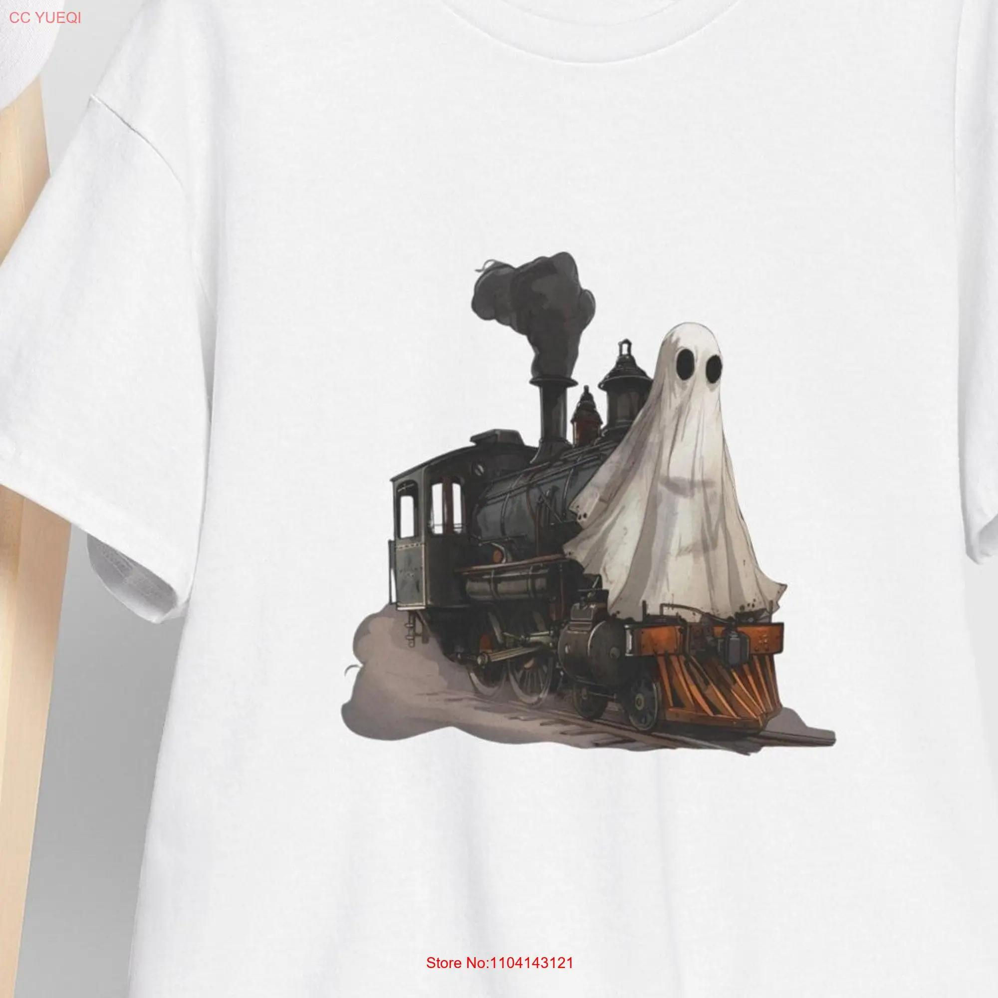 

Ghost Train Ride Heavy Cotton T Shirt Phantom Midnight Haunted Rails Spooky Locomotive long or short sleeves