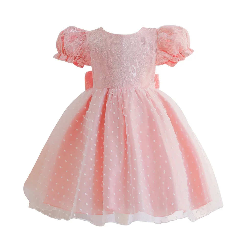 Princess Lace Dots Puff Sleeve Cute Cotton Lining Pink Blue Summer Baby Girl Dress for 1 Years Birthday Party robe 6M-4T