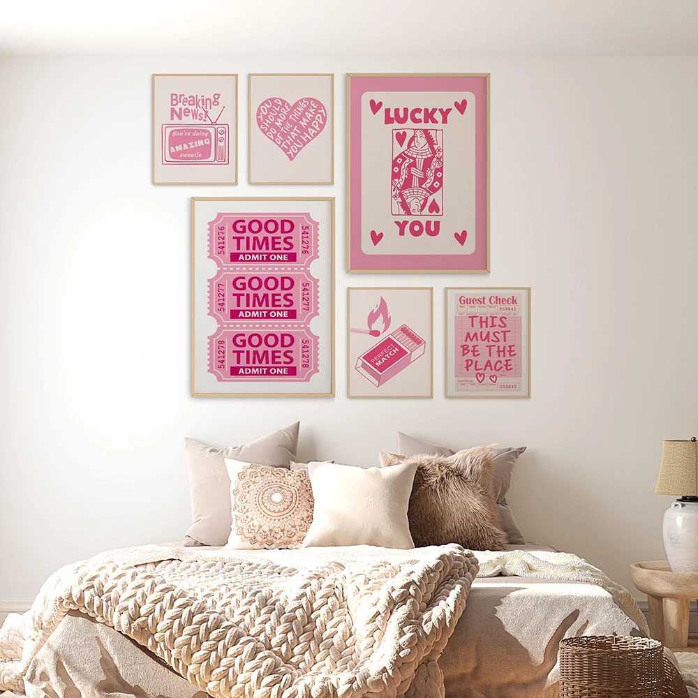 الرجعية العصرية جدار الفن ضيف الاختيار يطبع محظوظ لك المشارك أحمر الخدود الوردي الفاتح Preppy غرفة ديكور شقة الجمالية مضحك Y2k النوم