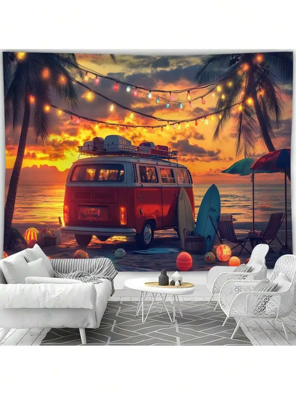 VIKAMA Wandteppich mit Sonnenuntergang am Meer, Camping-Auto-Druck, Wanddekoration für Wohnzimmer, Hintergrundstoff in mehreren Größen, maschinenwaschbar