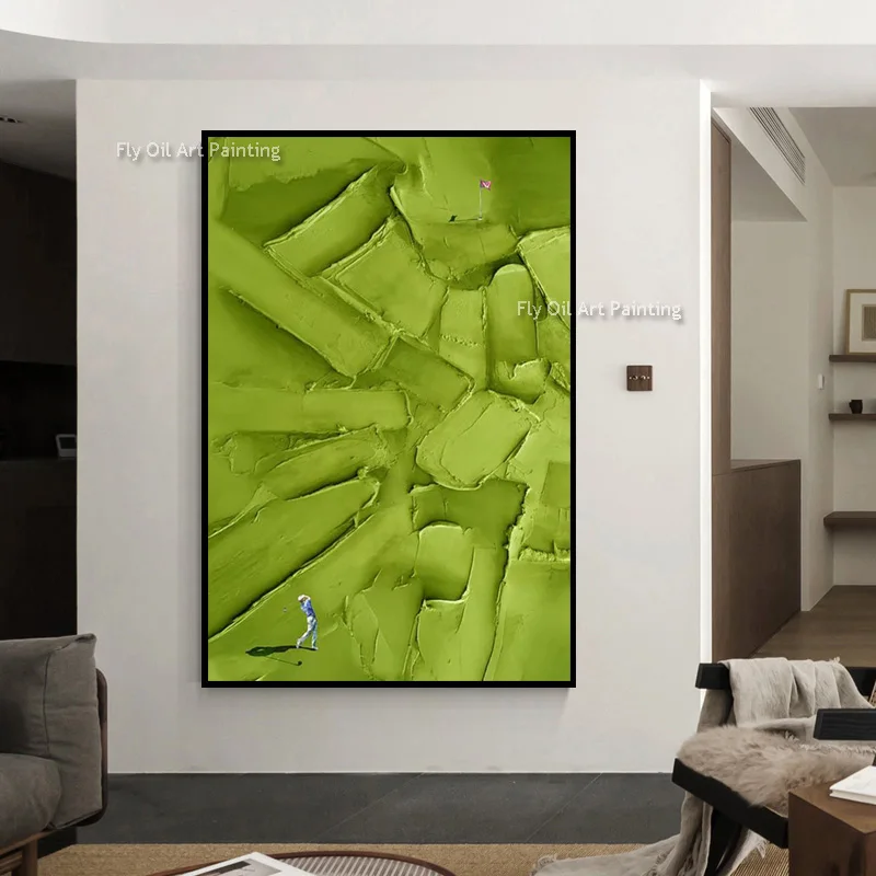 New Home Wall Art Decor Light Green Beige Playground Scape People Playing Teenis Oil Painting Handmade Green Canvas Thick Artwo