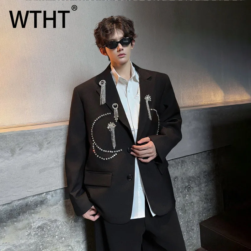 

WTHT Fashion Men's Spliced Metal Tassel Design Blazer Coats Trendy 2025 Autumn Long Sleeves Single Breasted Jackets Male 2A2051