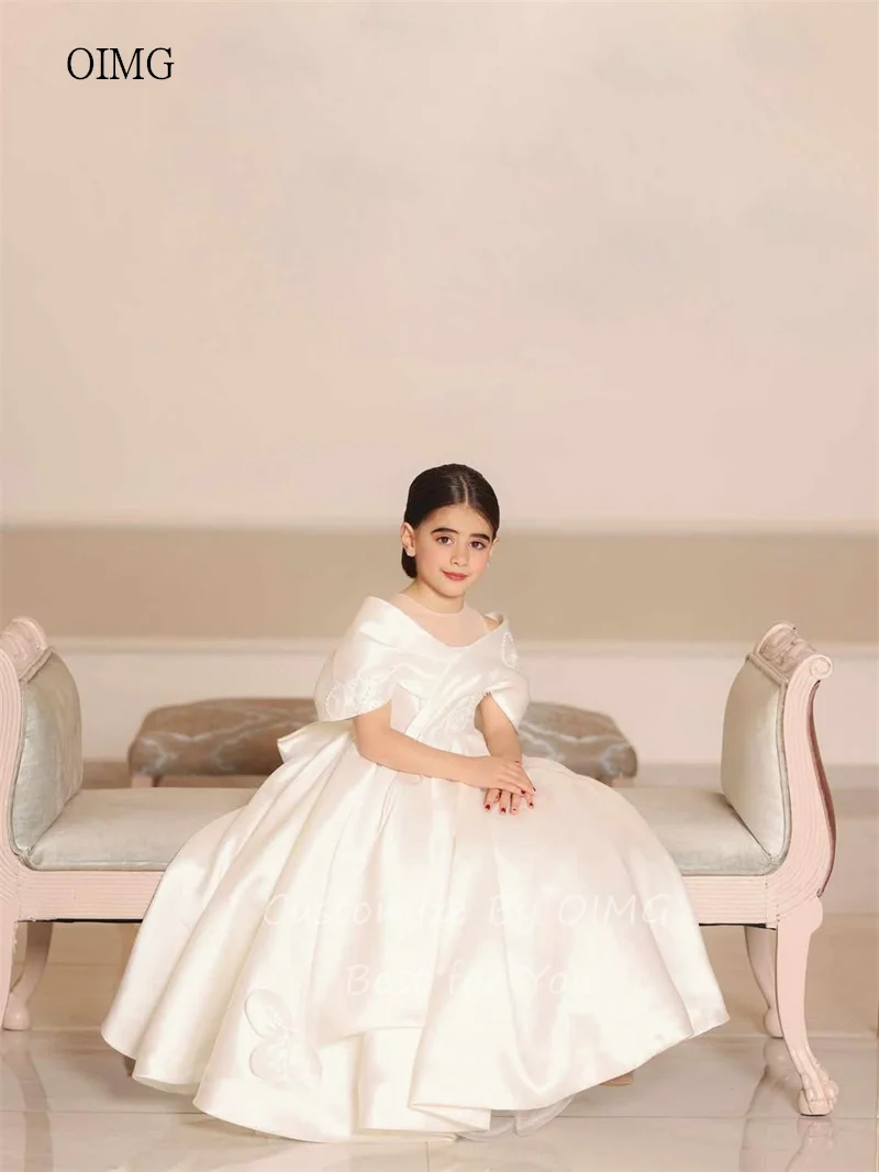 OIMG Ivory Off The Shoulder A Line Flower Girl Dresses O Neck 3D Flowers Wedding Party Dress Bow Back Birthday Dress Customized