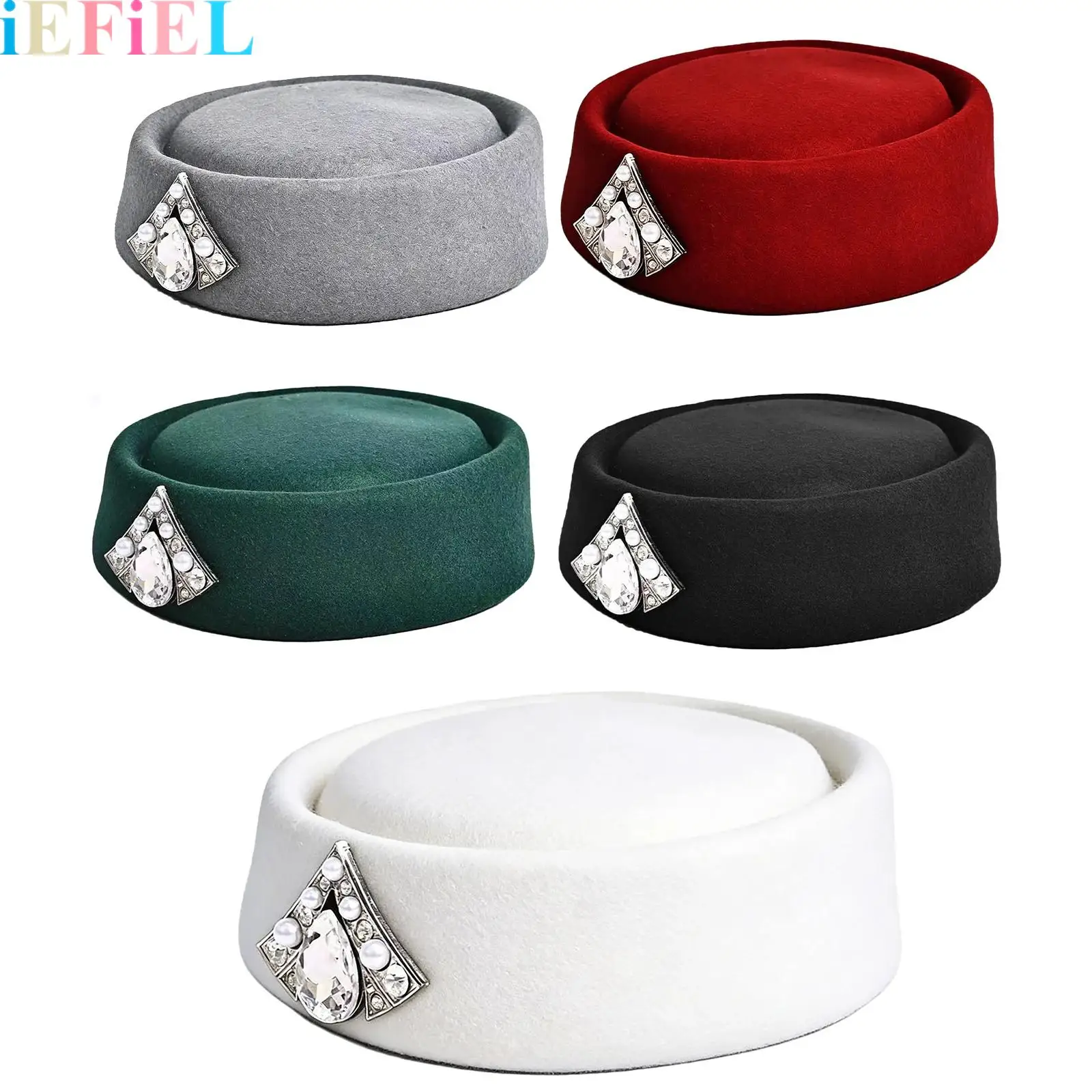 

Vintage Felt Stewardess Pillbox Hat Flight Attendant Uniform Solid Color Cap Adorned Hat with Rhinestone for Women