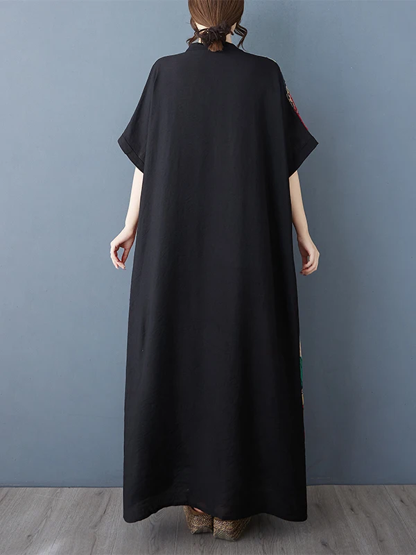 Letnia sukienka plus size z dekoltem w serek, z nadrukiem, z bawełny i lnu, wyszczuplająca, z długim rękawem, damska, modna, wygodna, w kształcie litery A.