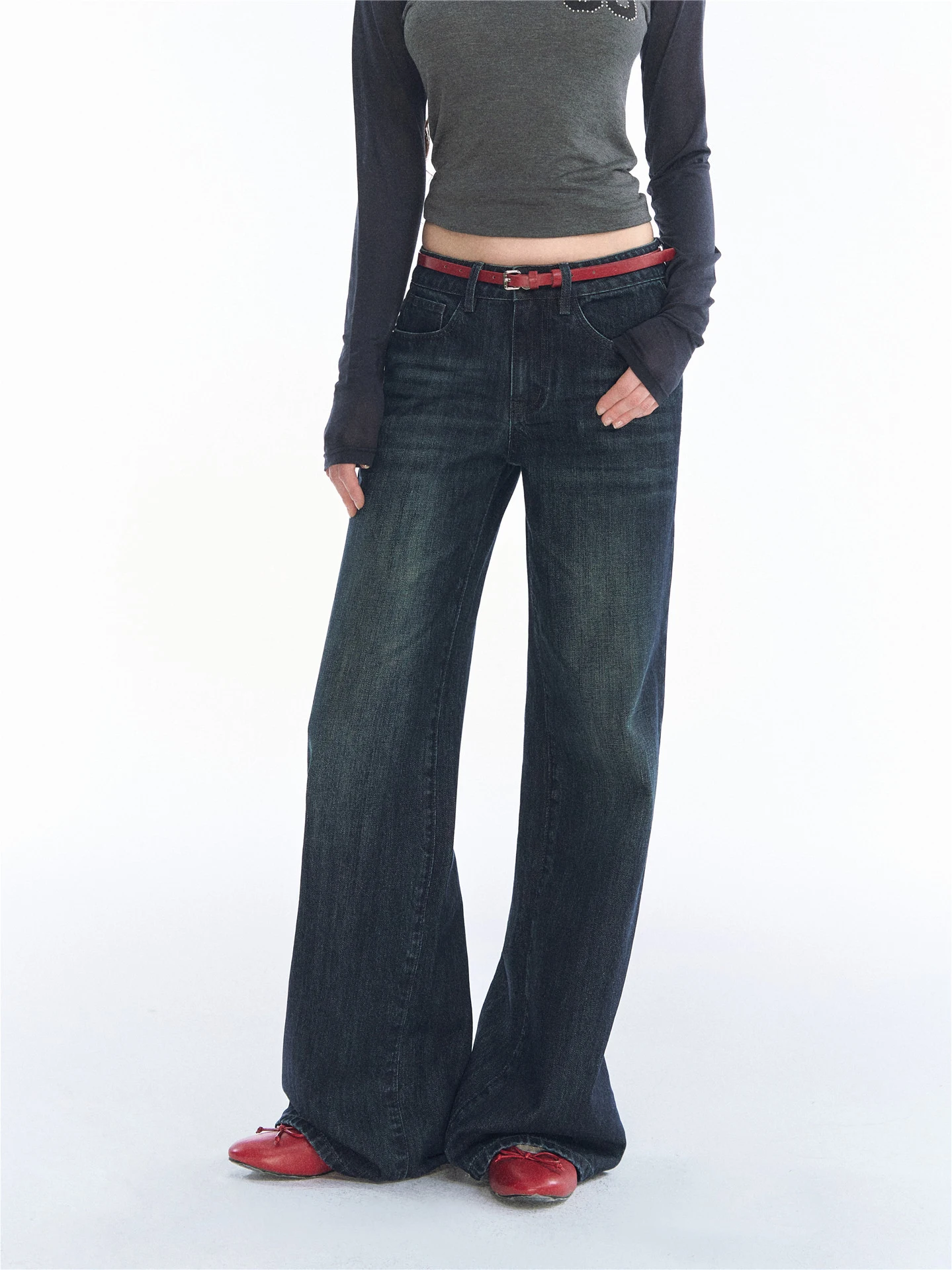 AsGony Vintage Washed Red Belted Cotton Denim Jeans Loose Fit Casual Straight Leg Long Pants Women's Love Asgony