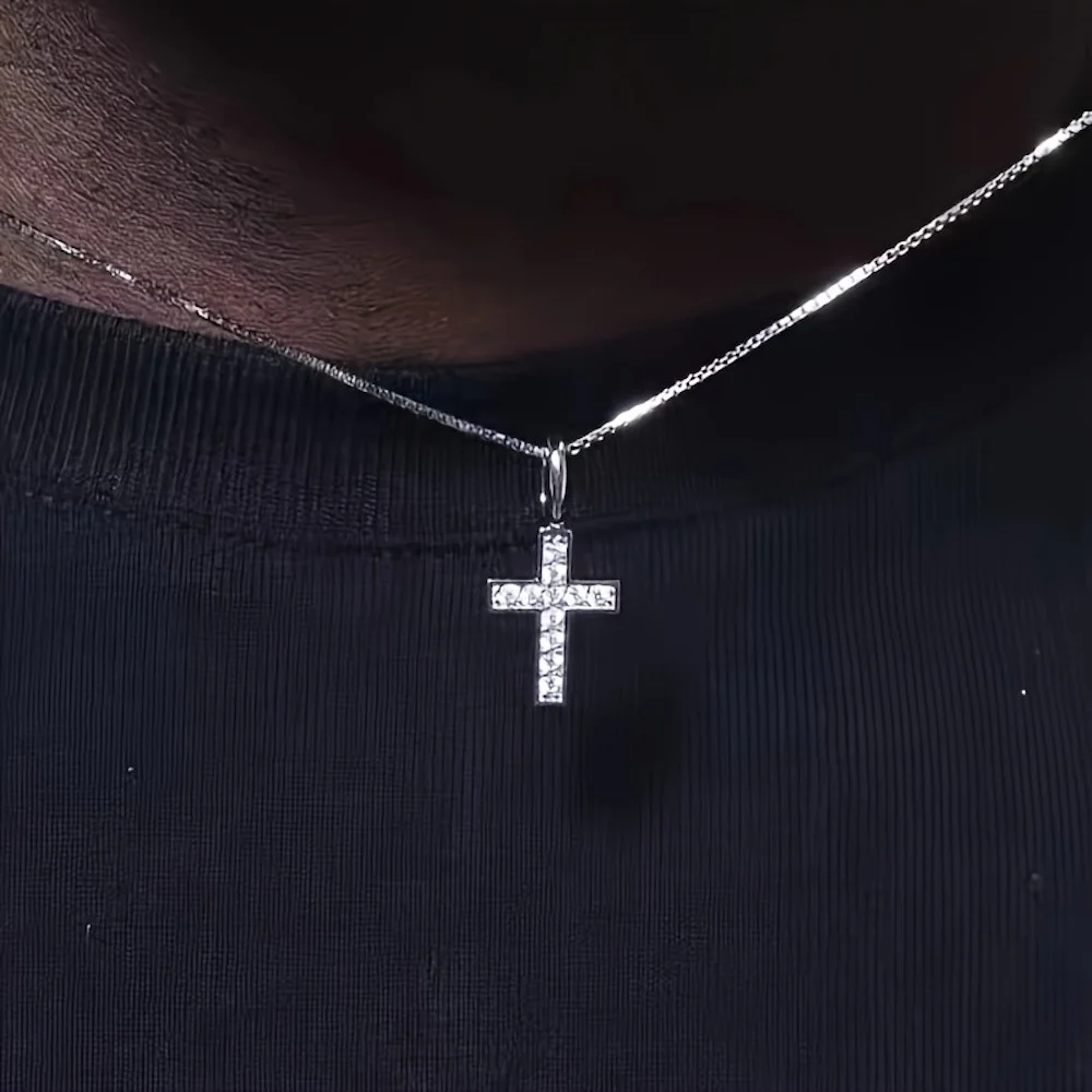 Edelstahl-Kristallkreuz-Anhänger-Halskette Hip-Hop Stahlfarben Edelstahl-Halskette für Männer Retro-Schmuck Trend-Accessoires – Detail 3