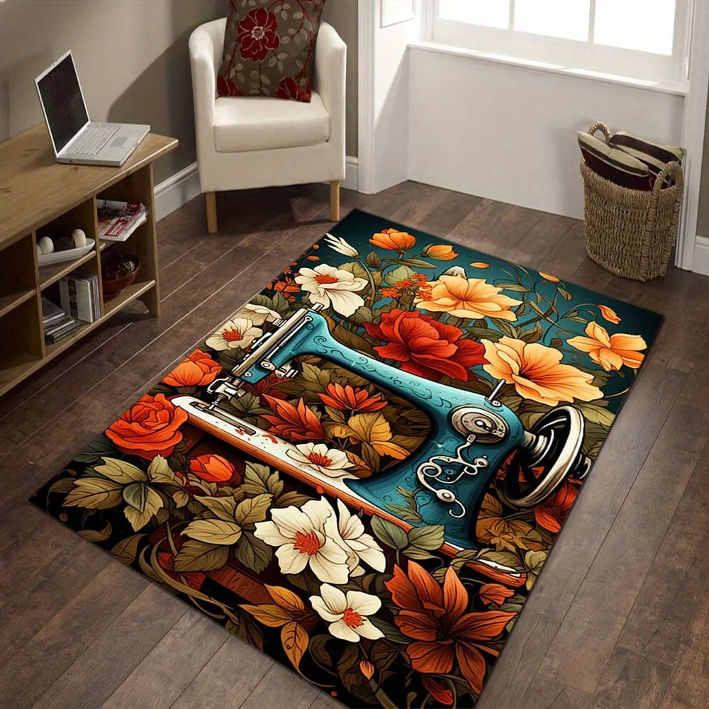 

1 шт. винтажный коврик из полиэстера для швейной машины — нескользящий, бархатный напольный коврик с кристаллами и цветочным дизайном для домашнего декора, универсальный