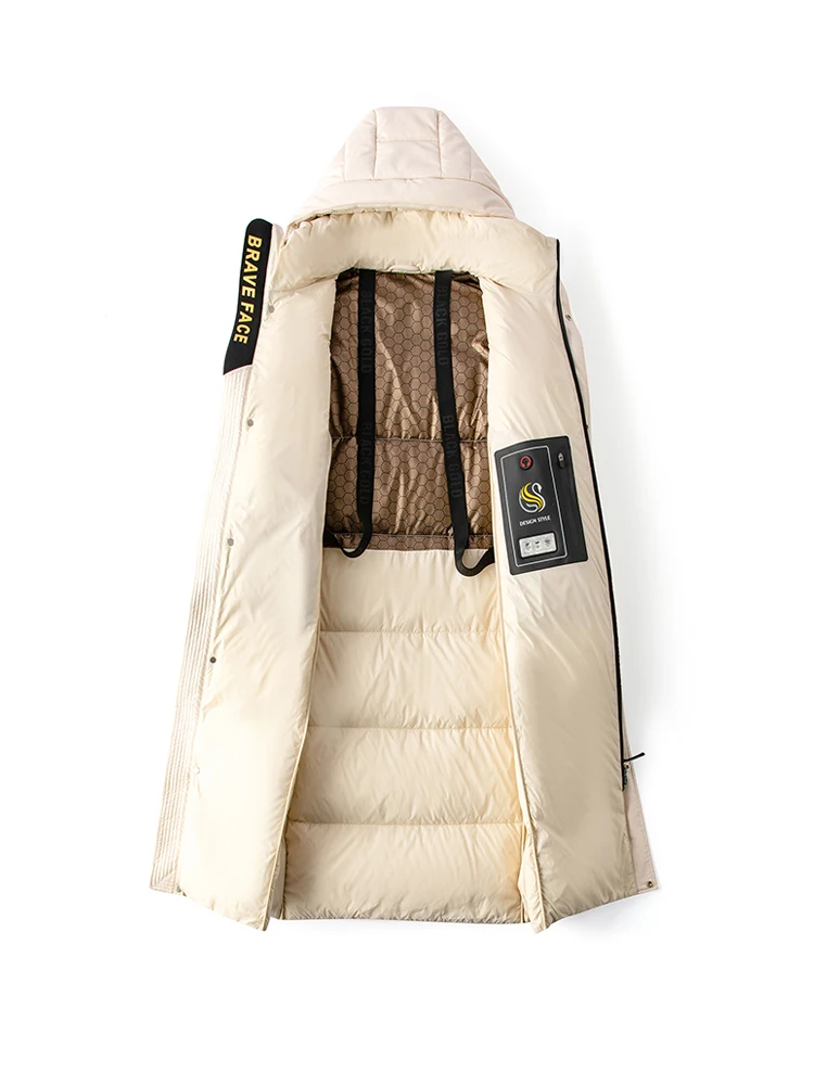 Cappotto in Vera Pelle Haining da Donna, Lunghezza Media, Nuovo Modello Invernale, Taglia Grande, Bianco, con Cappuccio in Piuma d'Oca e Pelle di Pecora