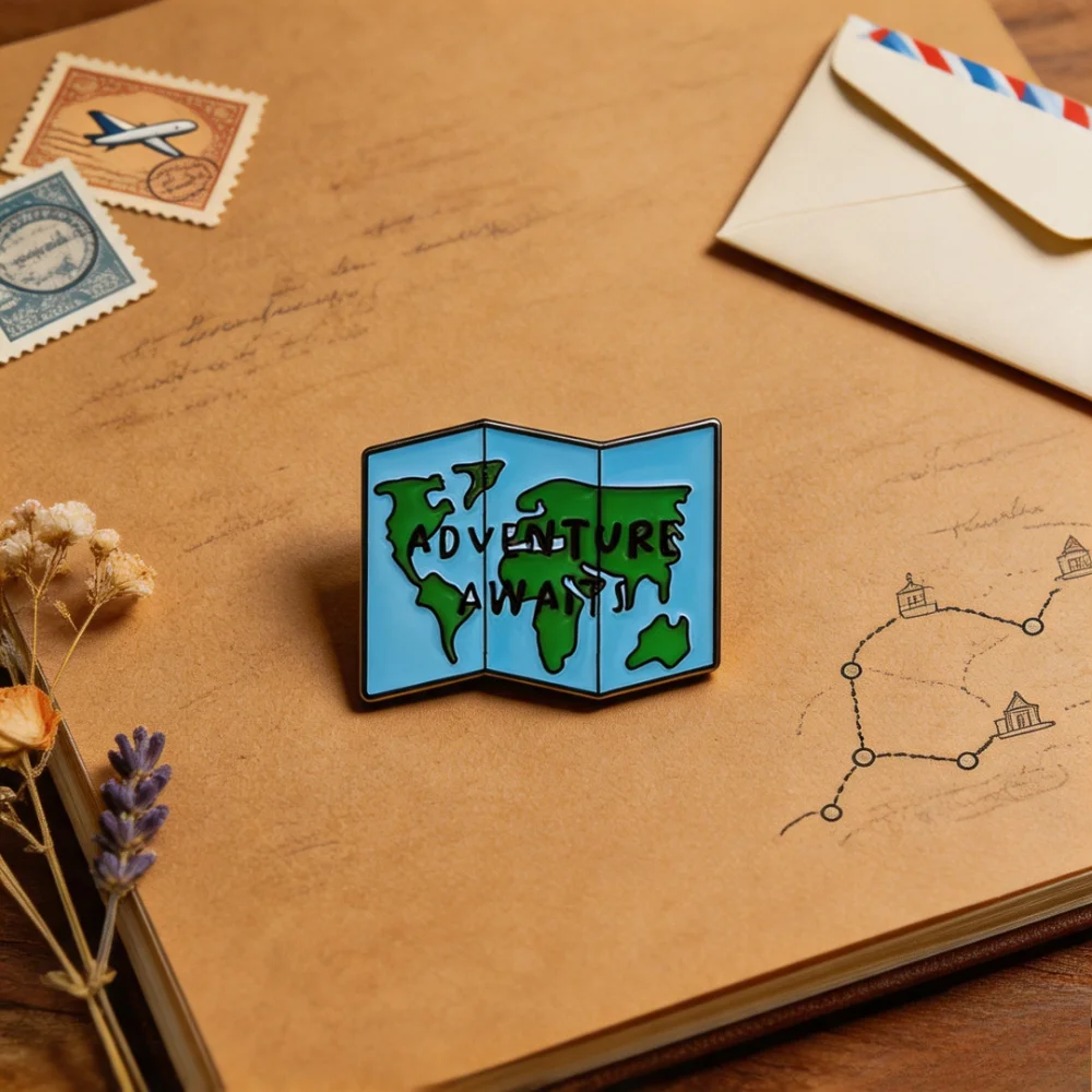 Travel World Map Enamel Brooch Adventure Awaits Quote Fold Globe Map Metal Lapel Pin Bag Hat Wanderlust Vacation Decor Badge