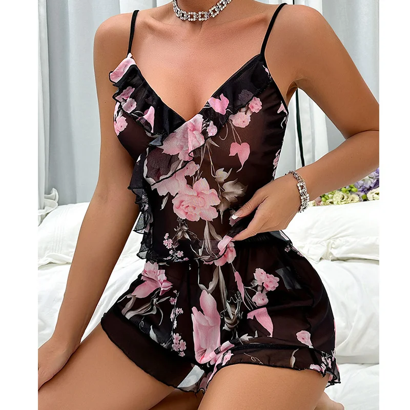 Sexy Mesh Pajama Sets Women Sleeveless Summer Pajamas Cool Comfortable Loungewear Fancy Ruffles Girlish Cozy Homewear Sleepwear