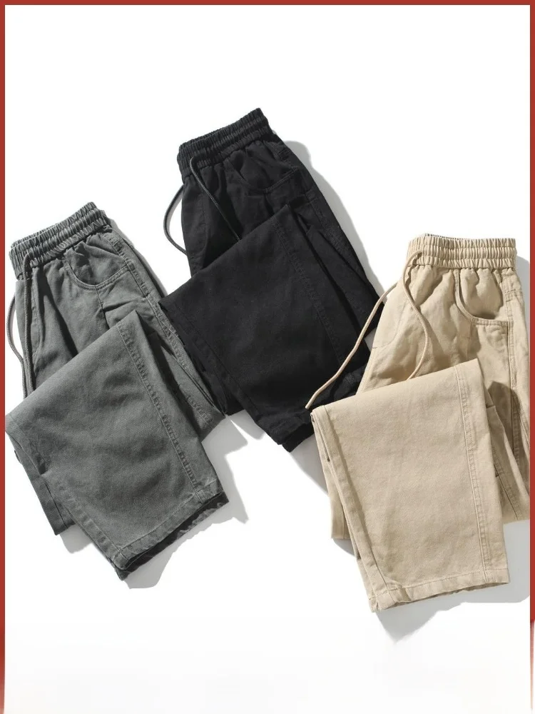 

Retro Japanese Sle High Weight Waed Cotton Men's Loose Wide Leg Casual Pants Elastic Waist Tapered Pants Autumn Wear