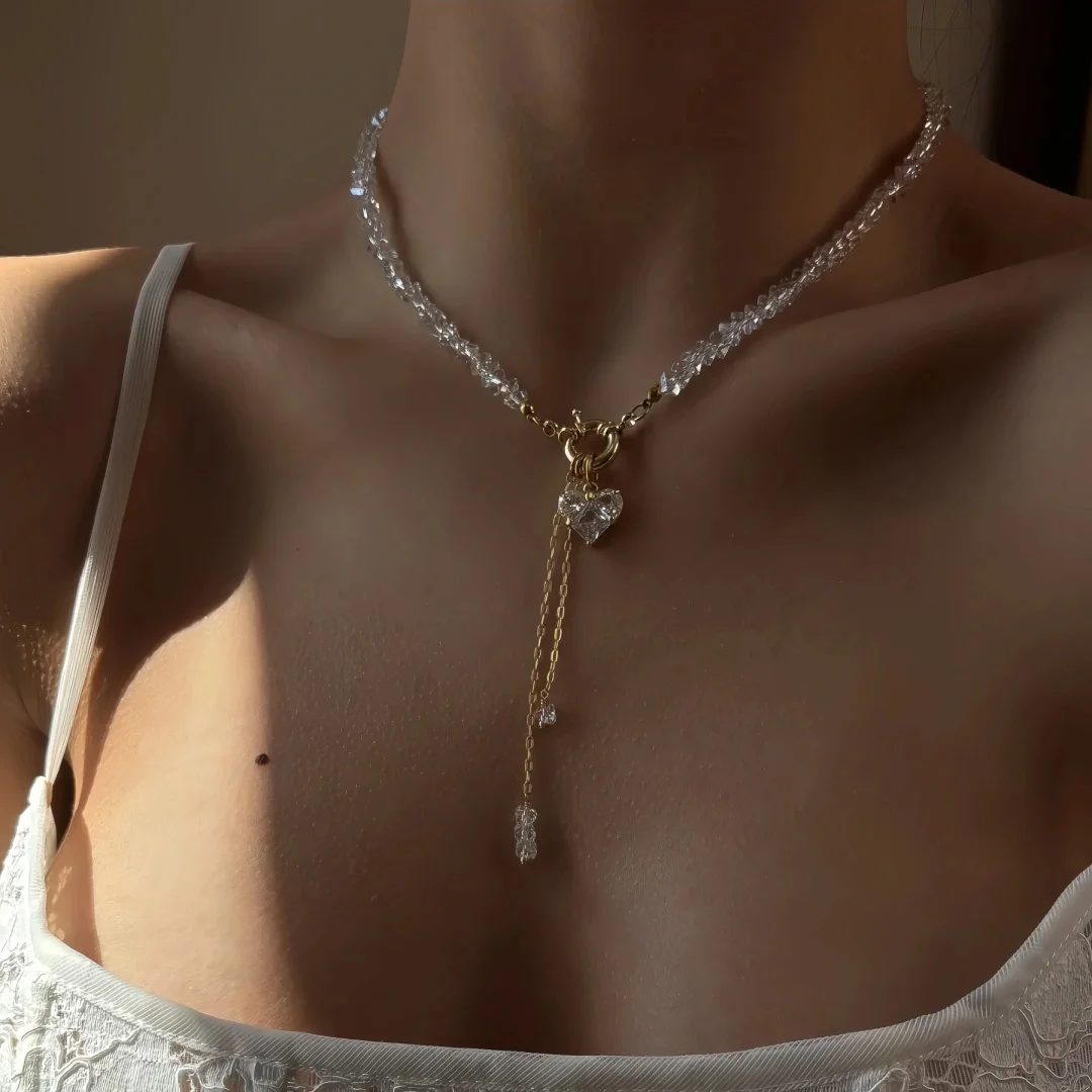 أزياء خمر الأسود هندسية كريستال سلسلة الزركون كريستال على شكل قلب قلادة قلادة للنساء الإناث بوهو مجوهرات Neelry