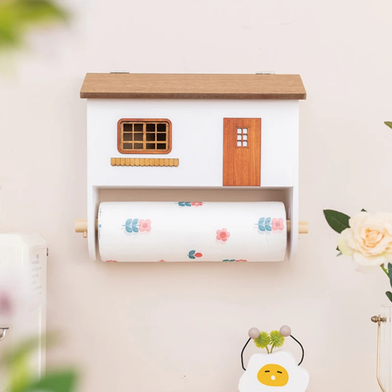 House Shaped Storage Box Wooden Decor Wall Paper Towel Rack Tissue Holder