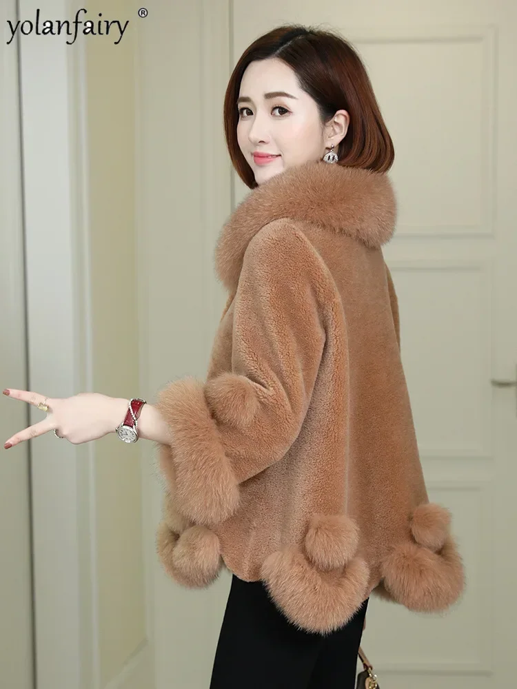 Sheep Fleece Real Fur Coat Women's Coat Winter New in Outwear Women Fashion Fox Fur Collar Grain Pure Wool Jacket Female FCY4925