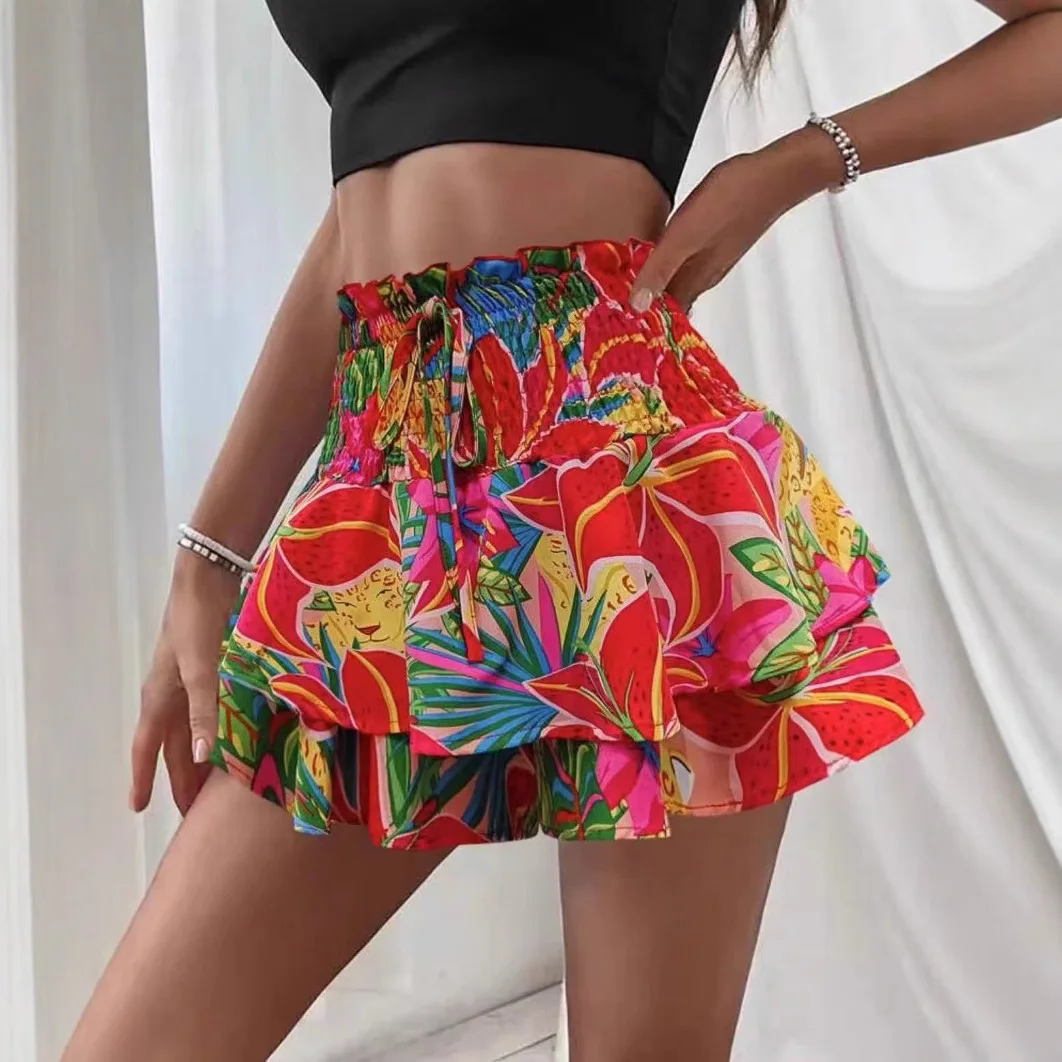 New Summer 2025 Women's Hot Pants Floral Fashion Elastic Waist Lace Hot Girl Girl Versatile Casual Layered Short Skirt