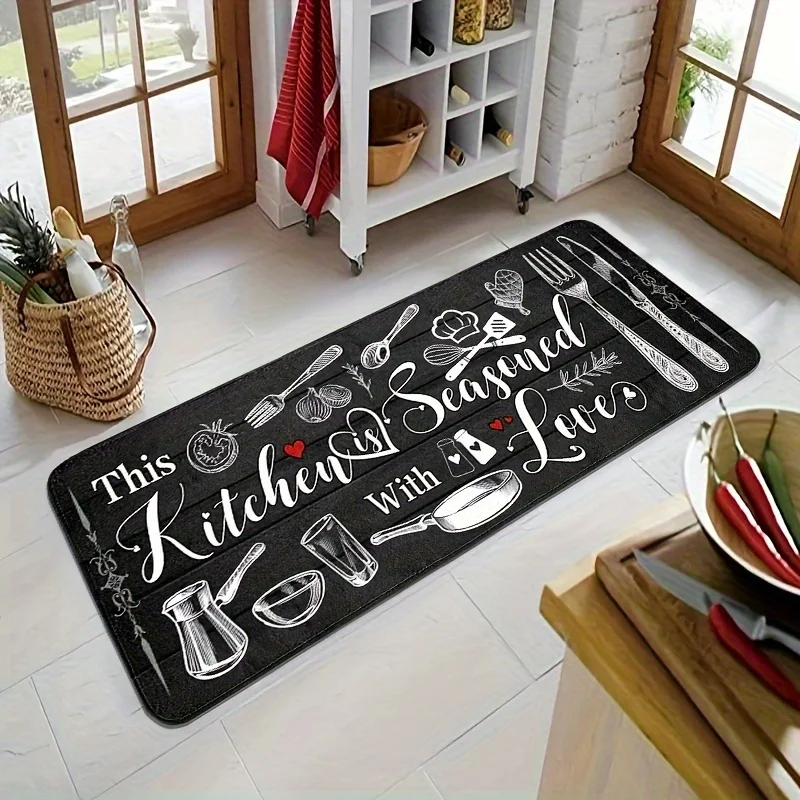 Whimsical Graphic Kitchen Runner Rug Cat Beer and Cookware Text Art Floor Mat Household Home Decor for Cooking Hallway Indoor