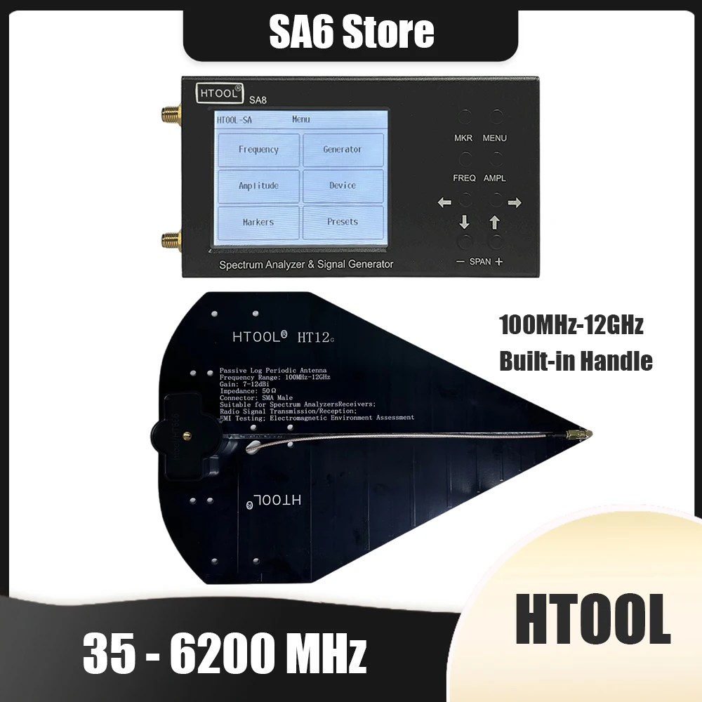 HTOOL SA8 Spectrum Analyzer 35-6200 MHz Sistem Generator Sinyal HT12 Antena Periodik Log Pasif Genggam 0.1-12GHz SA6 Store