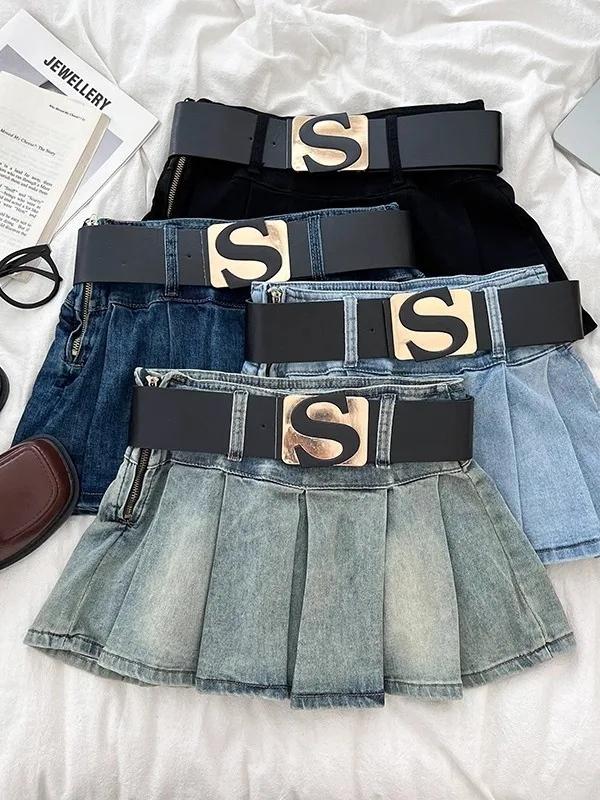 

High Waist Slimming Denim Skirt Fashionable Letter Belted Design Korean Style Commute Friendly with Short Skirt