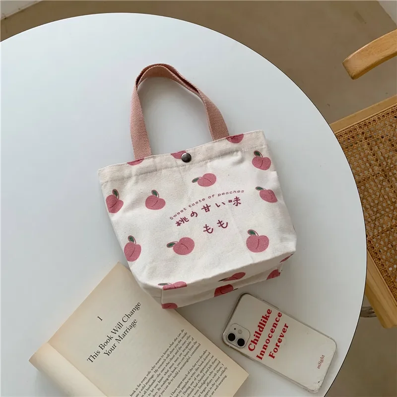 Bolso pequeño de lona GCE4 para mujer, bolsa de comida japonesa, bolso de mano de melocotón, bolso de almuerzo coreano, Mini bolsos de estudiante, Picnic de tela de algodón