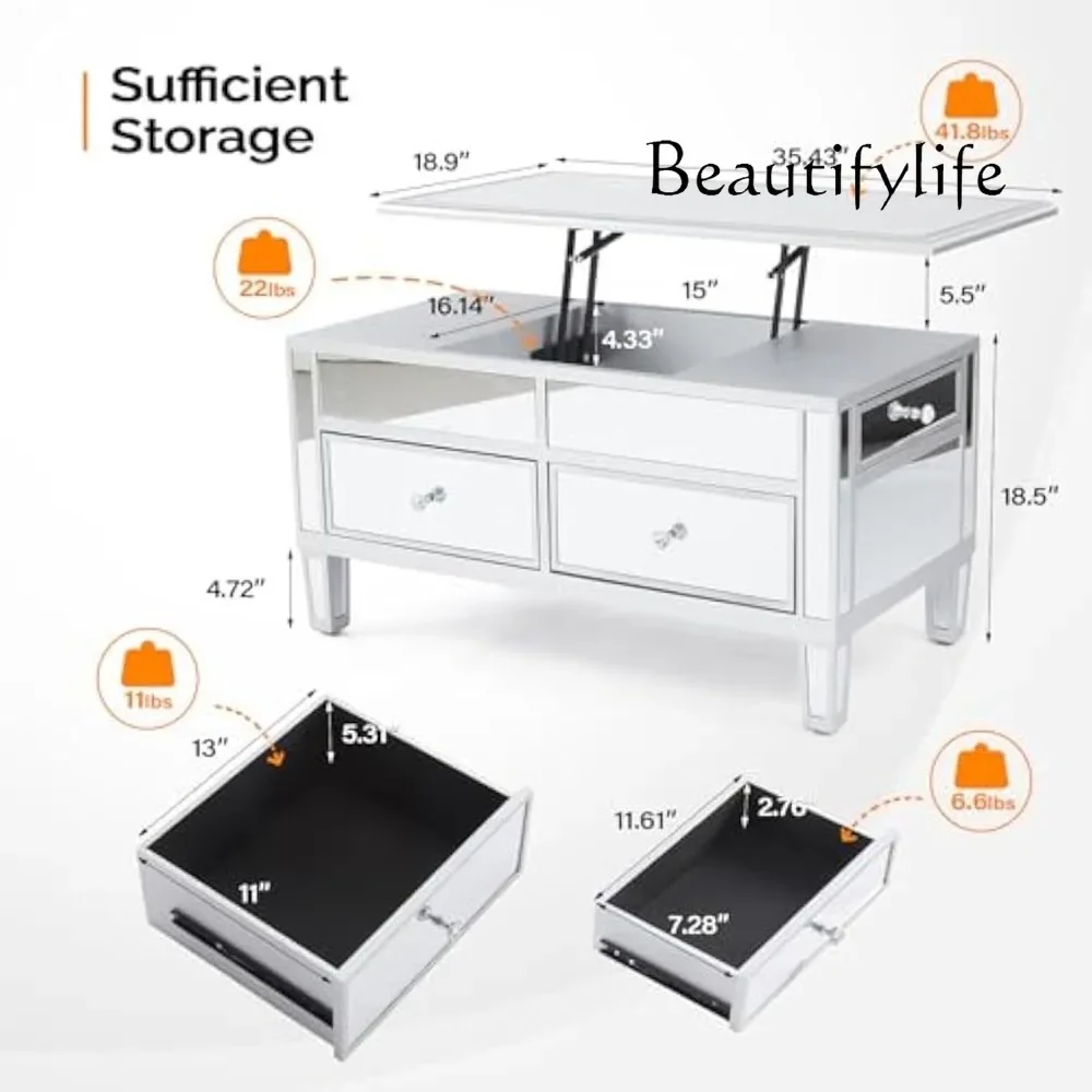 

Журнальный столик JB с зеркальным подъемным верхом, современный журнальный столик в сборе с ящиками для гостиной (серебристый, 35 x 19 x 18 дюймов)