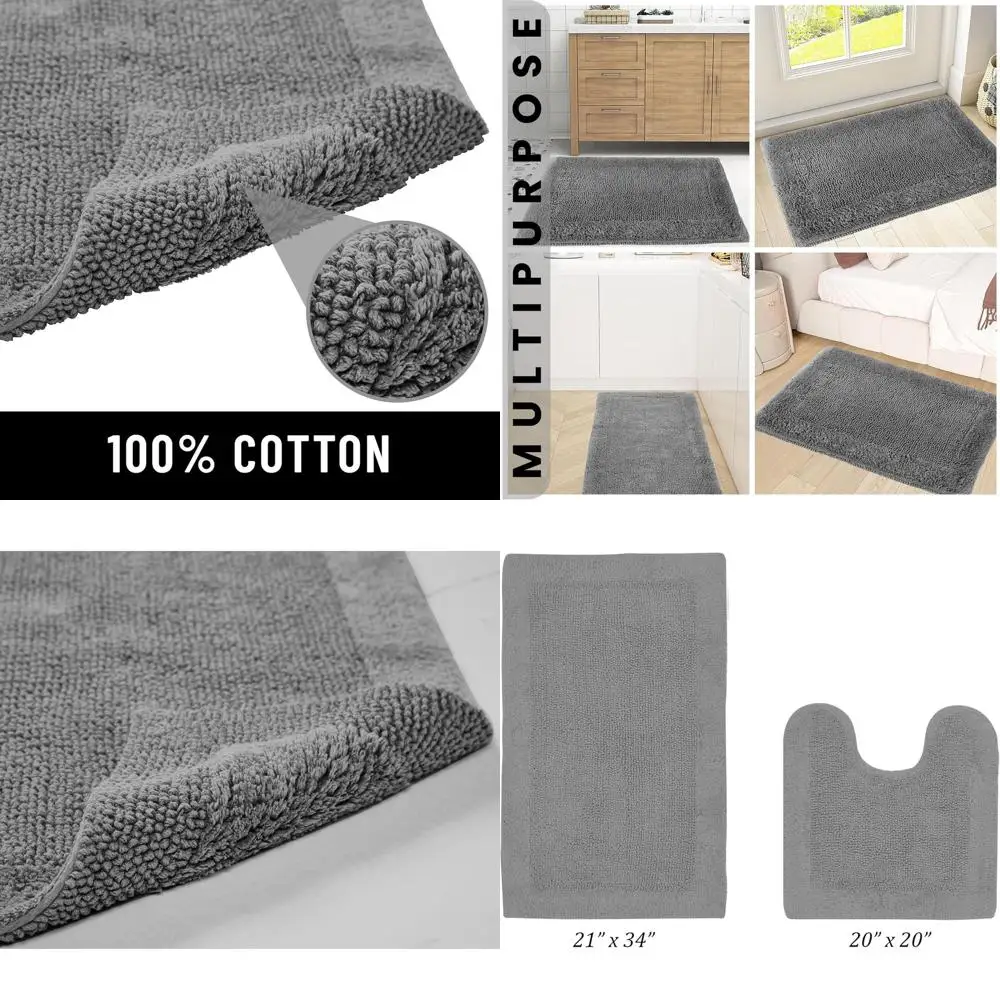 

Комплект из 2-х хлопковых ковриков для ванной, моющийся, двусторонний, комфортный, быстросохнущий, влаговпитывающий, с серым краем