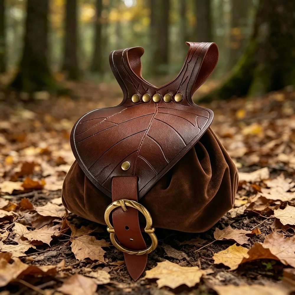 1pc Medieval Waist Bag, Renaissance Festival PU Leather Coin Purse, Elf Leaf Shaped Fanny Pack, Drawstring Pouch, Suitable For T