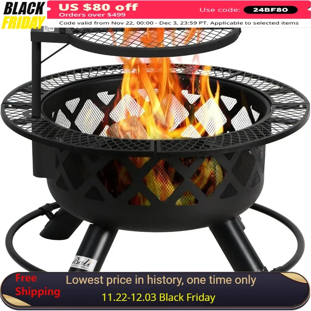 Fire Pits,Wood Burning Fire Pit with Quick Removable Cooking Grill, Black, Fire Pits