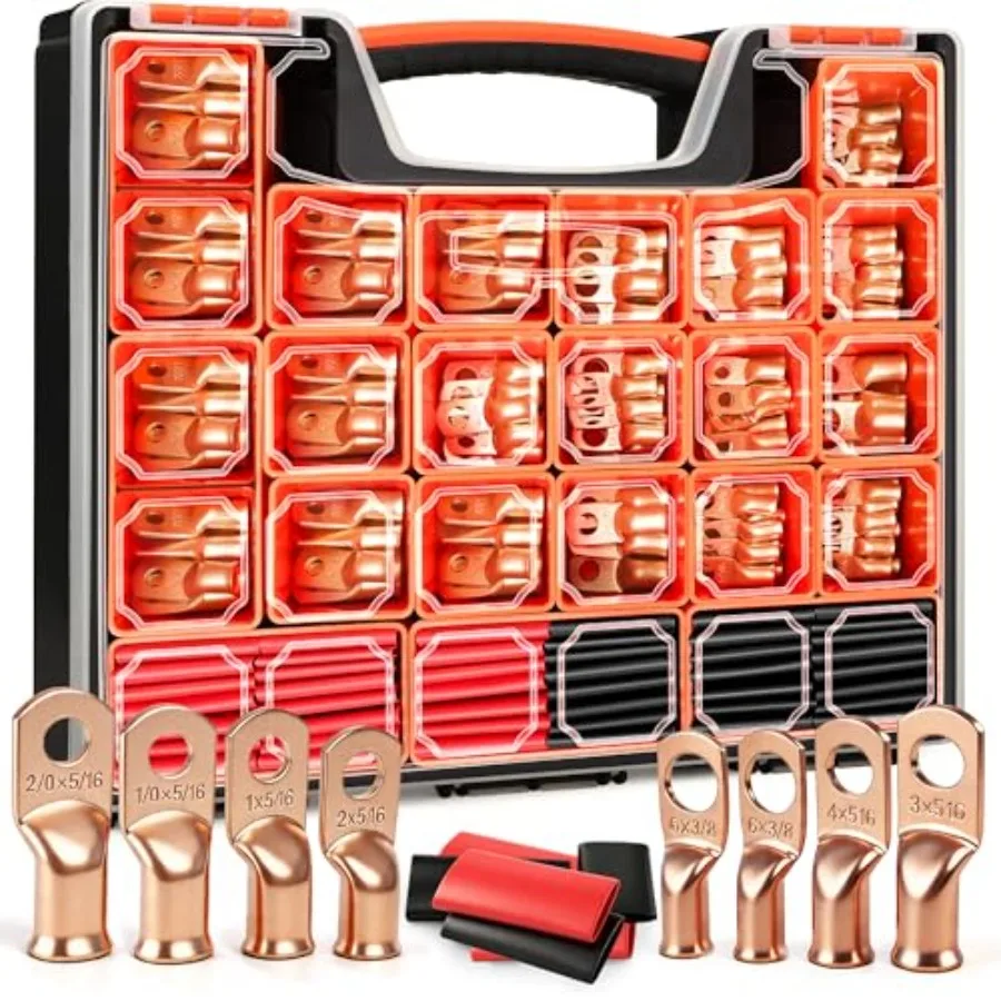 

Battery Cable Ends AWG 2/0 1/0 1 2 4 6 8 Gauge, 110PCS Heavy Duty Copper Wire Lugs Kit, Battery Cable Terminal Connectors Assor