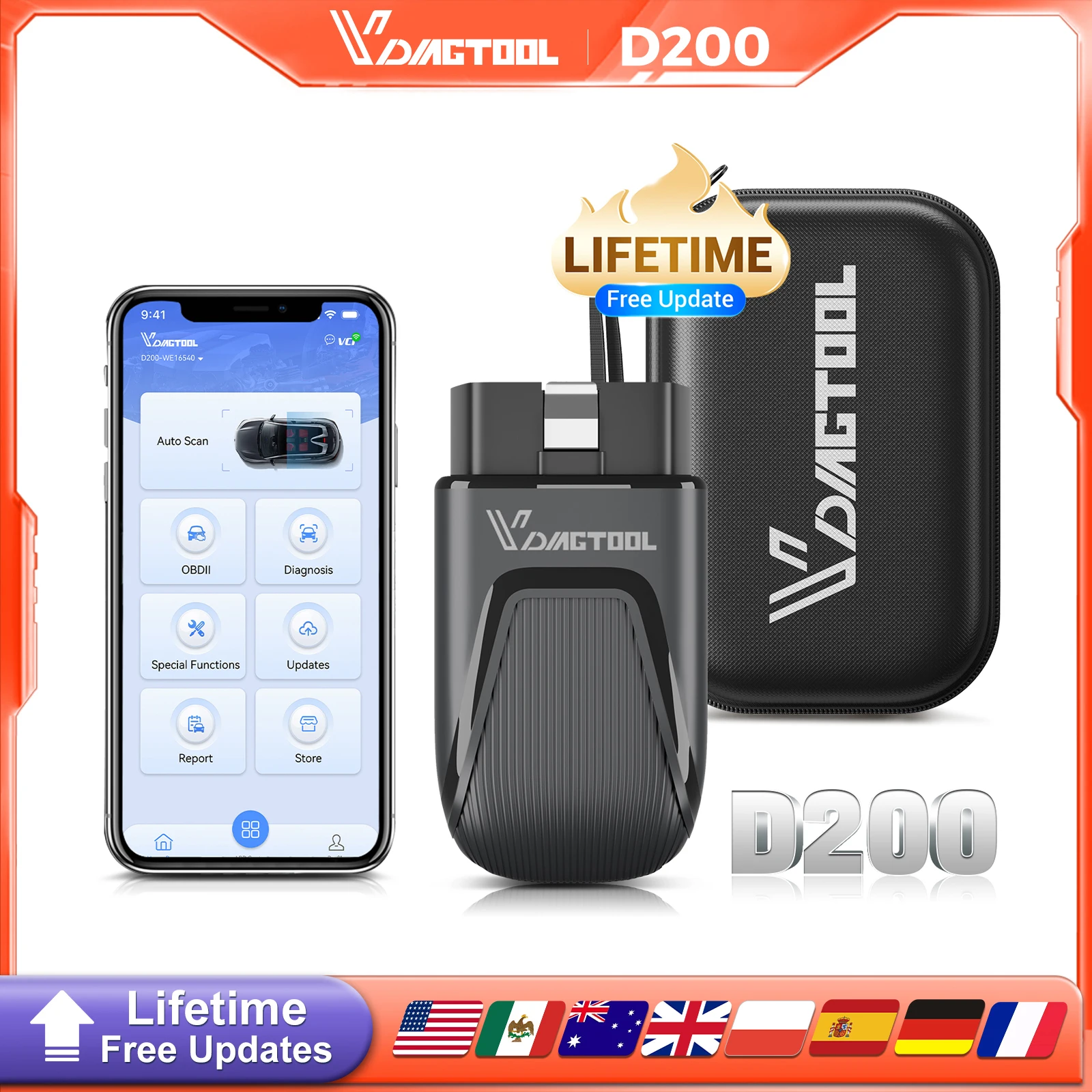 VDIAGTOOL D200 J2534 Programmer Lifetime Free Updates Wireless OBD2 Scanner Car Diagnostic EPB DPF BMS with 15+ Resets CANFD FCA