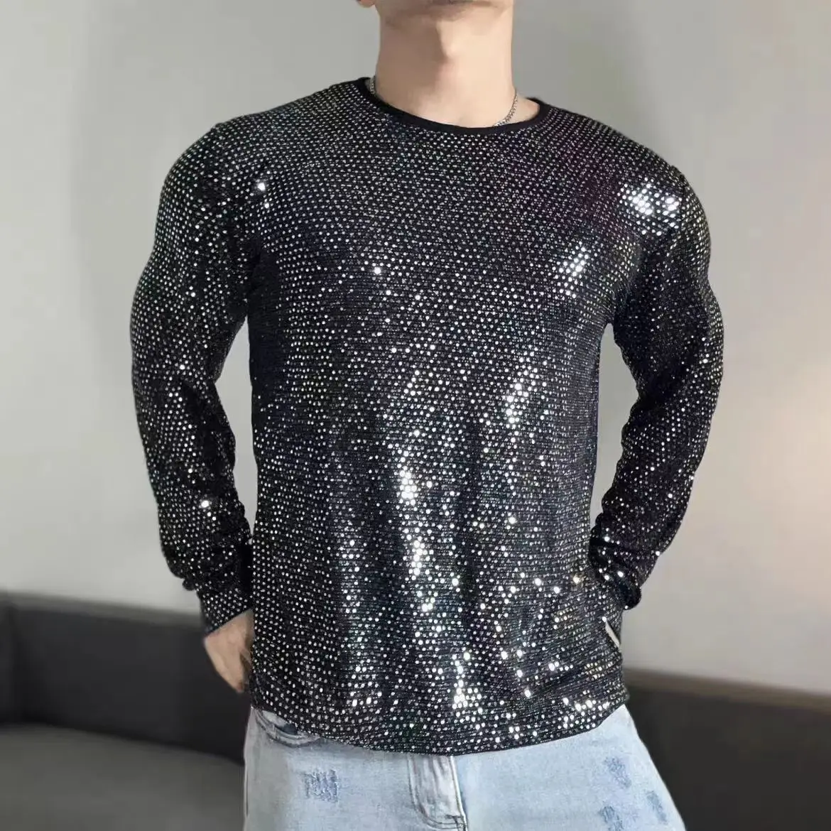 Flash Black Silver Sequined Hoodies Sexy Long sleeved T Fitness muscle Stage Show Party Performance Wear Stage Show Dance Wear