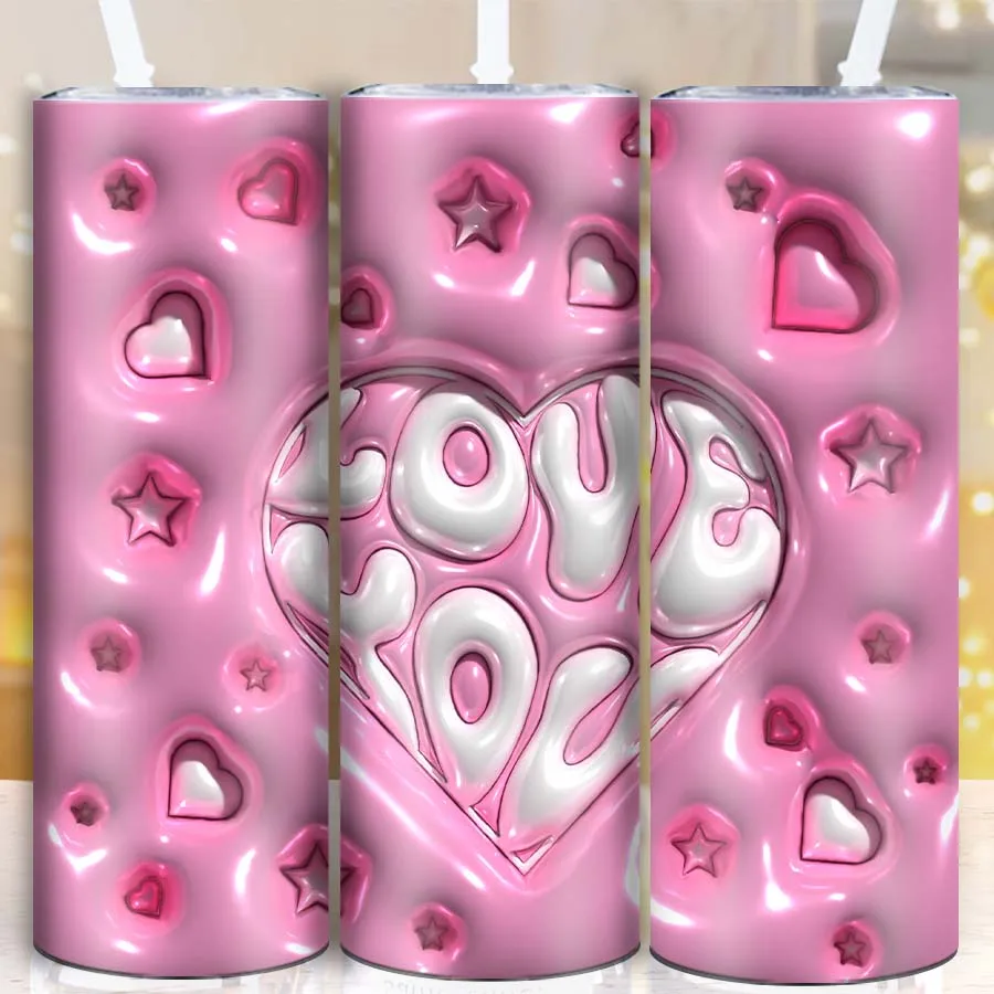 

1Pc 3D Print Love Heart "Love You" Party Straight Cups Straw Lid 20oz Stainless Steel Tumbler Outdoor Vacuum Cups For Girlfriend