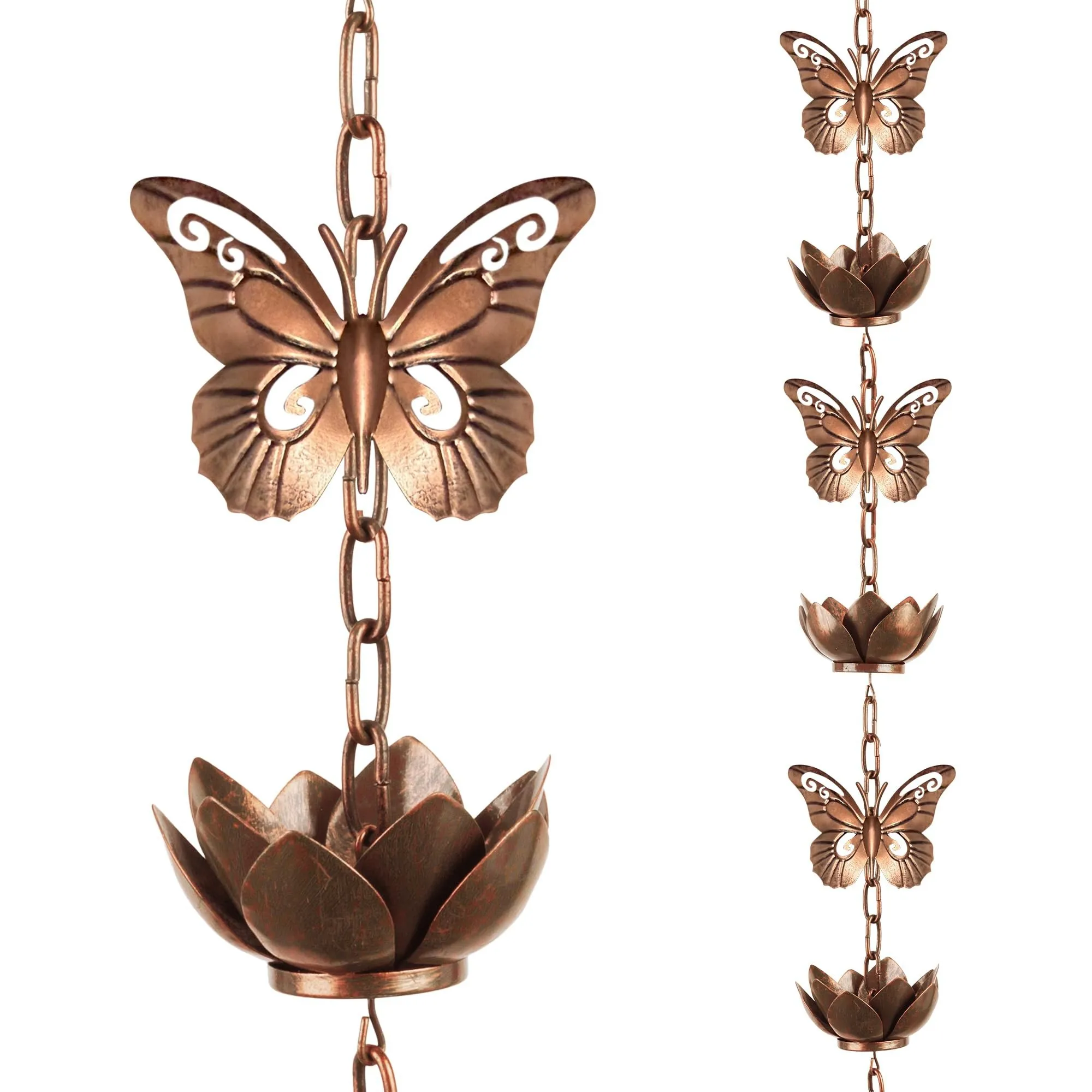 8.8 ft Adjustable Copper 12 Butterfly Lotus Cup Rain Chain, Decorative Functional Outdoor Gutter Downspout Replacement