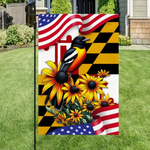 Maryland Spring Baltimore Oriole Bird and Black-eyed Susan Flower Garden Flag