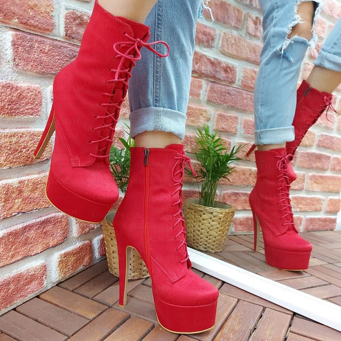 ZHIMA Women Ankle Boots Platform Faux Suede Thin High Heels Zip Up Boots Handmade Ladies Shoes Woman Large Size 41 43 45 50 52