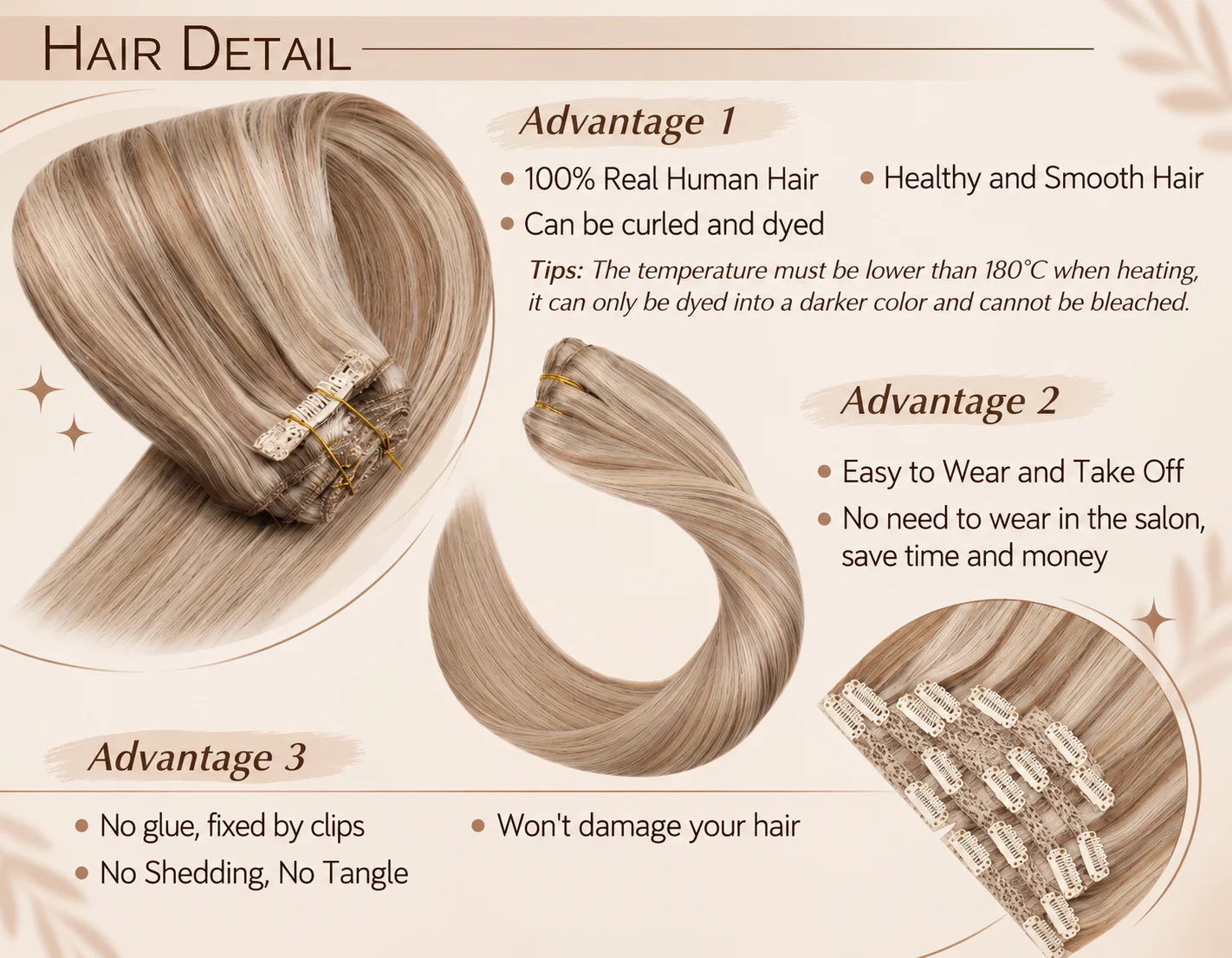 VeSunny Clip-in-Haarverlängerungen, Echthaar, blonde Clip-in-Haarverlängerungen # 16/22 Echte Perücke mit doppeltem Schuss, seidig gerade – Detail 4