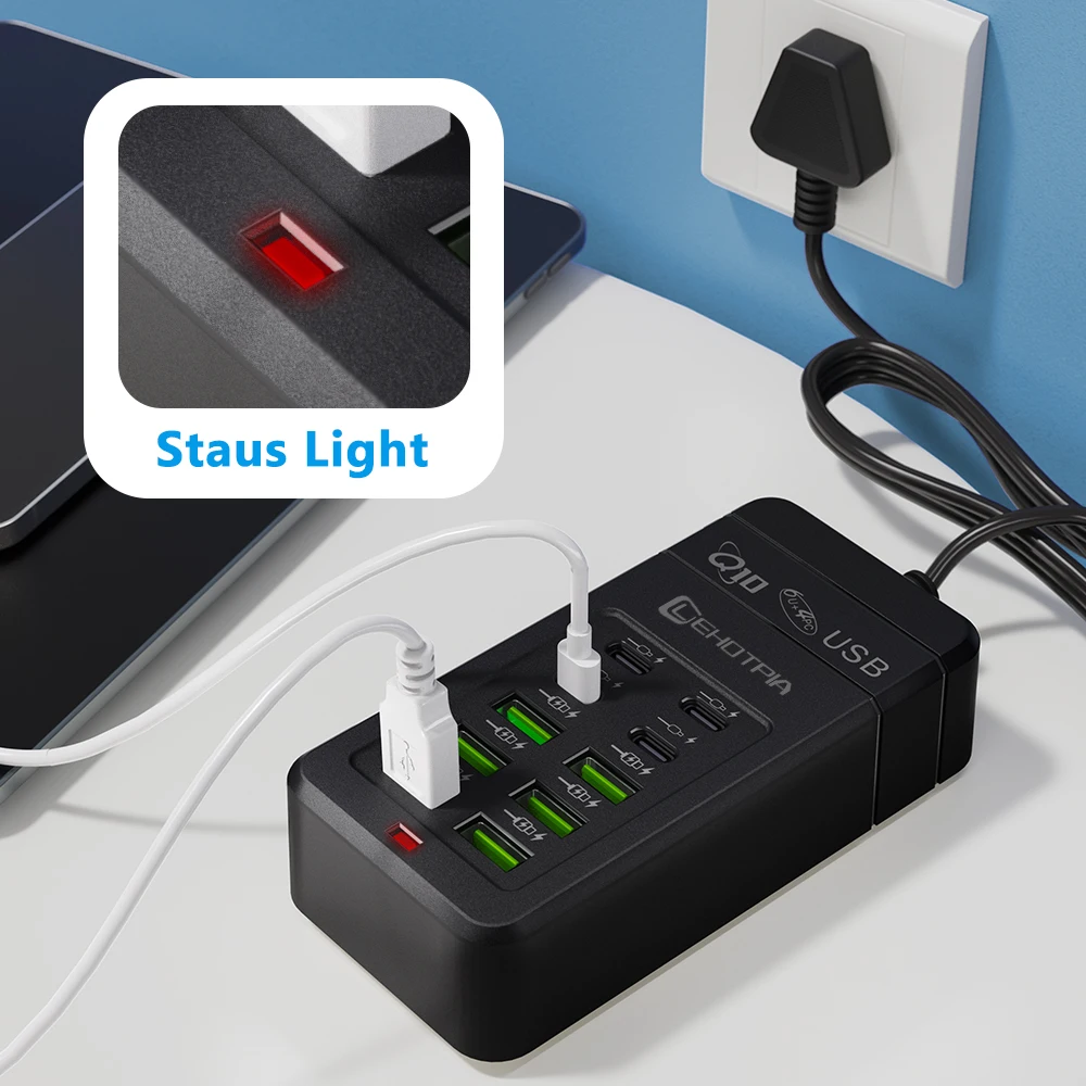 الاتحاد الأوروبي المملكة المتحدة الولايات المتحدة التوصيل متعددة سريعة شاحن USB محول الطاقة 1.2 متر تمديد الحبل 6 USB-A 4 USB-C المحمولة للهاتف المحمول مقبس USB