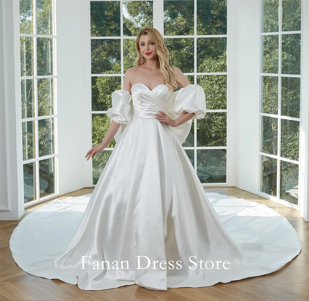 

Fanan Elegant Sweetheart Wedding Dress A-Line Customized Satin Ruched Puff Sleeves Ivory Bridal Party Gown Vestidos De Novia