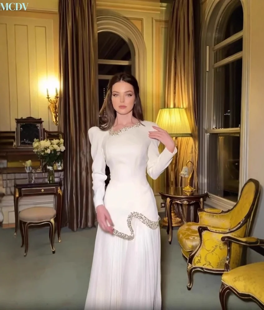 Customized Classic Organza A-Line Crystal Evening Dress Delicate V-Neck Long Sleeves Floor Length Bespoke Occasion Gowns