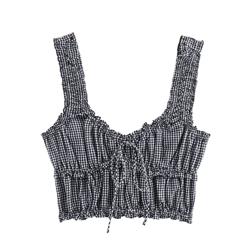 

YENKYE New Women Ruffled Trim Plaid Tank Top Sexy Sleeveless V Neck Female Summer Crop Top