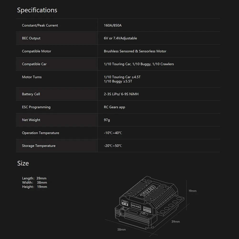 ESC à capteur sans balais avec boîtier en aluminium, contrôle d'application BEC, voiture RC 7.4, TS160 Pro, 160A, 6V, 1/10 V