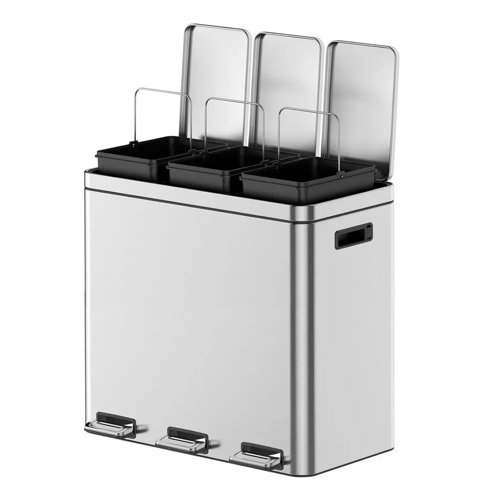 

Triple-Compartment Stainless Steel Trash Can with Step-On Lid and Removable Inner Buckets for Kitchen and Home Office