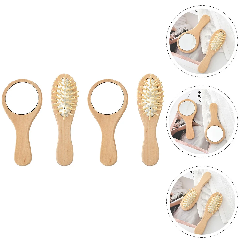 

2 set Portable Mirror Comb Set Compact Wooden Hair Brush Travel Makeup Mirror For Women Vintage Vanity Kit