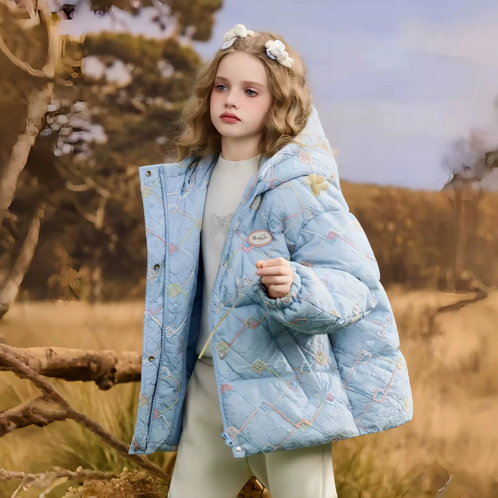-30℃ 5-12 Year Girls' Floral Down Cotton Jacket Winter New Style Children's Hooded Bread Coat Princess Thicken Parka 120-170cm