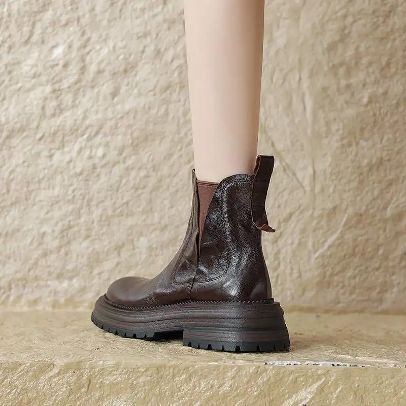 Krazing Pot owcza skóra w stylu Vintage z okrągłym noskiem zimowe ciepłe Chelsea Boots szpilki w stylu