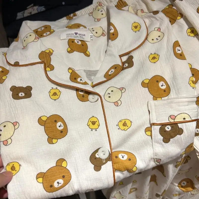 Kawaii Cute Rilakkuma Pajamas Long Sleeved Cotton Cardigan Long Pants V-Neck Home Suit Set Comfortable Birthday Gifts for Girls